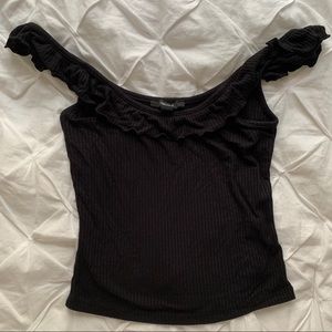- ribbed off the shoulder ruffle tank! Forev…